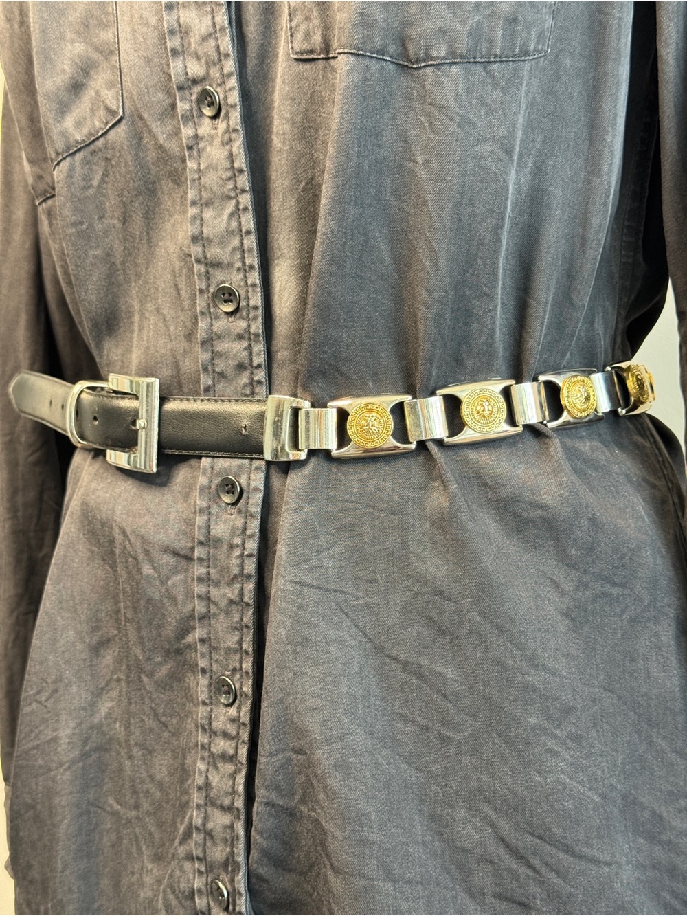Vintage 90s Lion Lions Face Black Leather Medal Women Buckle Belt Golden Silver - Picture 5 of 12